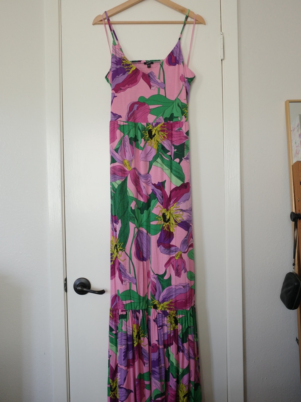 Express Pink Floral Maxi Dress with Purple and Green Print